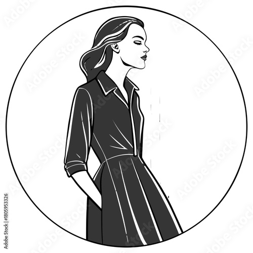 Elegant black and white vintage fashion illustration of a woman in a classic collared dress with wavy hair, in profile within a circular frame, embodying retro style and timeless grace, side view
