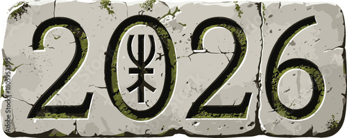 Ancient Runes Stone Tablet 2026 Year with Trident Symbol Engraving Vector