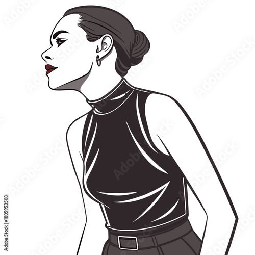 Stylized fashion illustration of an elegant young woman with a sleek bun, wearing a chic high-neck sleeveless top and red lipstick, captured in a sophisticated profile gaze to the left.