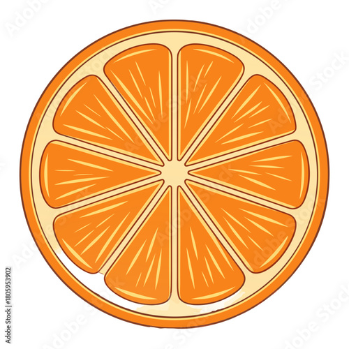 Orange fruit slice cross-section, vibrant citrus food illustration with juicy pulp segments and a yellow rind, fresh vitamin c healthy diet ingredient concept on white background