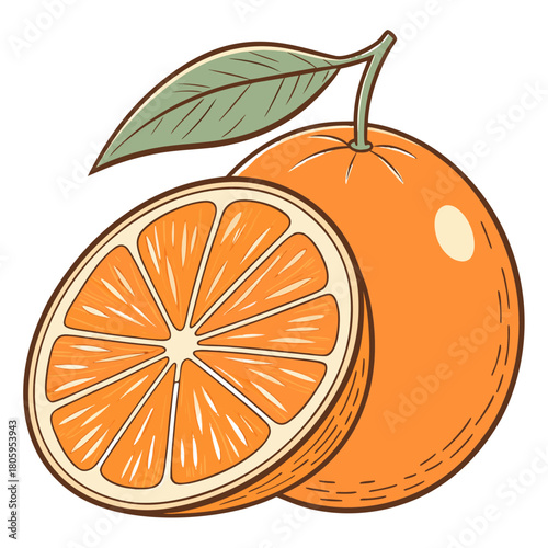 Fresh vibrant orange fruit with a green leaf and a perfectly sliced half, showcasing juicy segments, isolated vector illustration for healthy food, nutrition, vitamin c, and fresh citrus concepts
