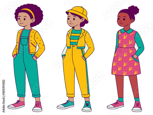 Three diverse and happy girls in colorful casual outfits, standing together as friends, showcasing individuality, multiculturalism, and joyful childhood in a bright vector illustration.
