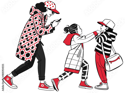 Adult woman engrossed in smartphone, passing two children, one adjusting other's attire, symbolizing modern digital distraction, family dynamics, attentiveness, and disconnect in urban life.