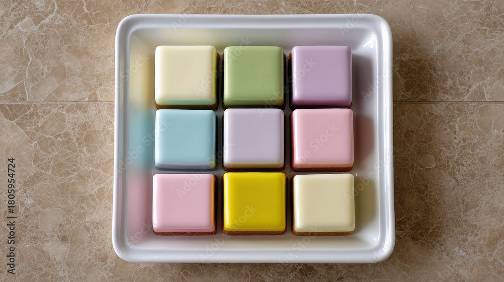 Fototapeta premium Delicious Top Down View of Assorted Layered Thai Desserts Neatly Arranged in a White Tray on a Light Marble Surface