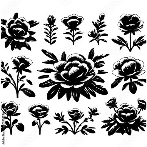 Black and white floral arrangement featuring various types of flowers and foliage in a pattern design