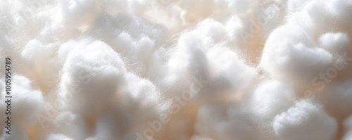 close-up of soft fluffy white cotton balls and fibers evoking cozy warm comfort and calm