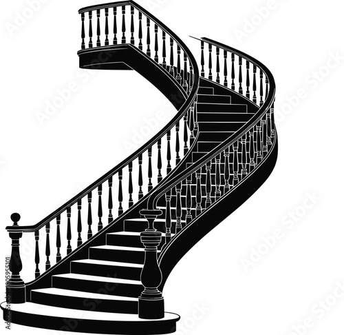 Black silhouette of a curved wooden staircase with balusters