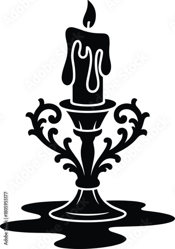 Black silhouette of a lit candle on an ornate candelabra