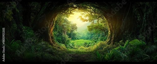 sunlit forest archway opening to a verdant meadow framed by ancient trees, dense tropical foliage, ferns and moss, a tranquil and magical clearing bathed in golden light