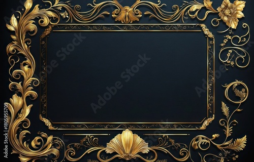 ornate gold baroque floral frame with curling scrollwork and shell motif on dark textured background, luxurious elegant blank central panel