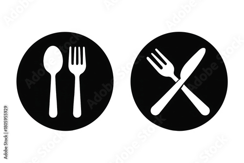 Black and white restaurant icons showing a spoon and fork, and crossed fork and knife, representing dining availability and meal completion signs isolated on transparent background