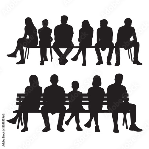 silhouettes of men and women and teenagers sitting on single bench or chair vector