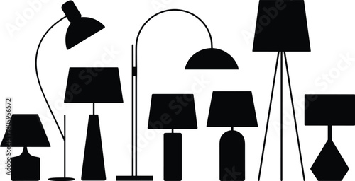 Collection of black silhouette lamps on white background