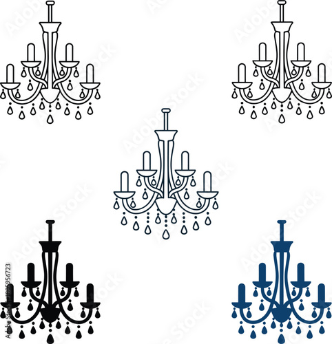 Five Chandelier Icons Black White Blue silhouette outline