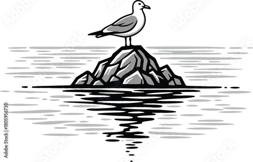 Stylized Monochrome Seagull Standing on Rock with Water Reflection Vector