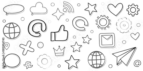 Collection of hand drawn social media and communication icons scattered on a white background