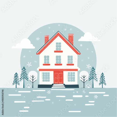 Winter landscape architecture concept: residential cottage building with snow-covered roof design