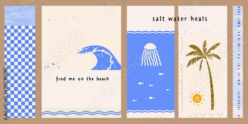 Beach vibes collection featuring ocean waves jellyfish palm tree and seaside motifs