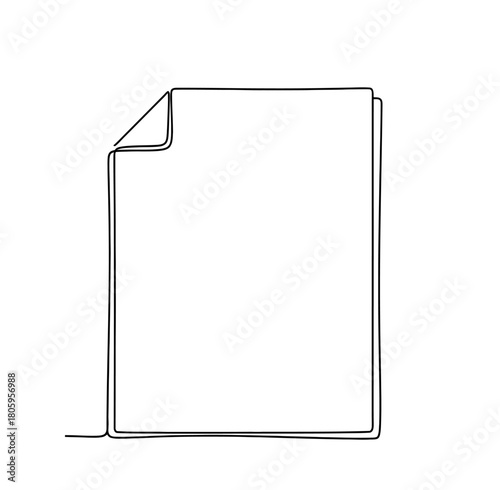 Hand-drawn continuous line art of a blank document or file with a folded corner. Represents paper, notes, contract, file, or empty template.