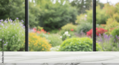 Marble countertop in foreground with a blurred view of a lush, colorful garden outside large windows. The scene conveys a fresh, serene atmosphere.