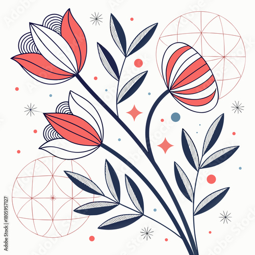 A vibrant floral arrangement with geometric shapes, isolated on, creating a modern and eyecatching design with a touch of whimsy