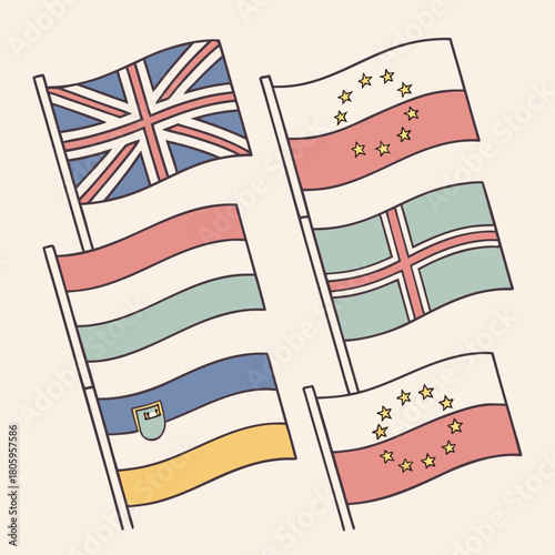 Collection of flags representing various countries, including the united kingdom, poland, hungary, iceland, and liechtenstein, waving in the wind
