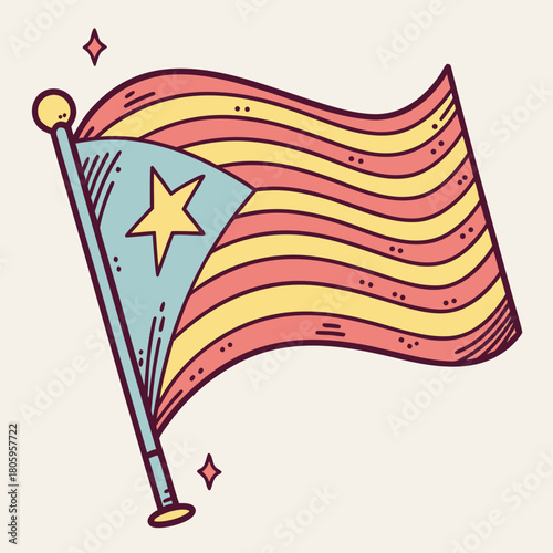A whimsical flag illustration featuring a star emblem and vibrant stripes in shades of pink, yellow, and blue, set against a soft beige background