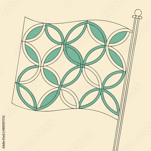 An elegant flag illustration showcasing a seamless pattern of interlocking circles in a serene teal hue, set against a gentle beige background