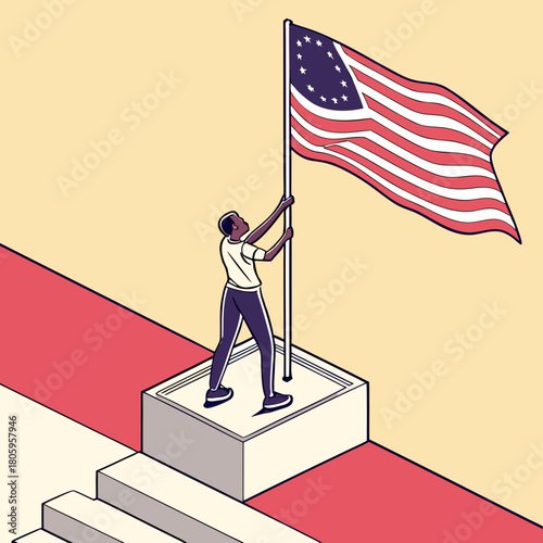 An illustration of a person raising the betsy ross flag on a platform with stairs, representing american history and national pride