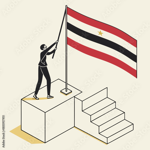 An illustration of a person raising the flag of the arab revolt on a platform with stairs, symbolizing historical resistance and national identity