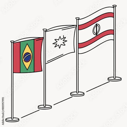 Illustration of three flags isolated on flags of brazil, uruguay and paraguay waving in the wind national symbols of south american countries