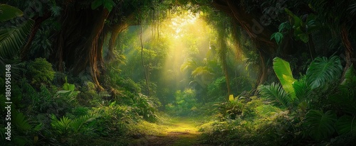sunlit jungle clearing with arching tree roots, dense tropical foliage and a mossy path bathed in golden rays, serene and magical atmosphere
