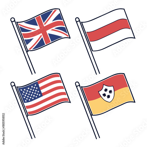Illustration of the flags of the united kingdom, belarus, the united states of america, and the german municipality of herzebrockclarholz isolated on