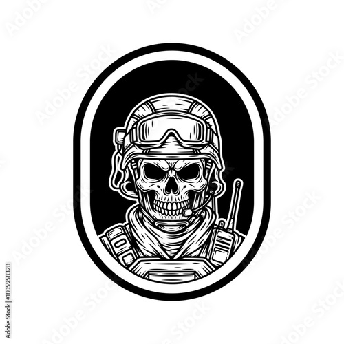Tactical Skull Soldier Vector Emblem – Military Special Forces Masked Skull Badge in Bold Black and White Line Art
