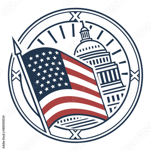 A circular emblem showcases the american flag and the capitol building, symbolizing the united states government and its democratic ideals, isolated on