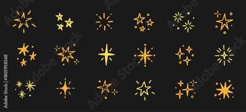 Hand drawn star gold color spark element icon set. Cute star shape twinkle glitter spark shine crayon texture brush icon. Hand drawn sketch doodle. Yellow decoration background vector illustration