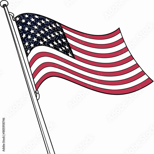 Illustration of the american flag waving on a pole, symbolizing patriotism, freedom, and national pride isolated on