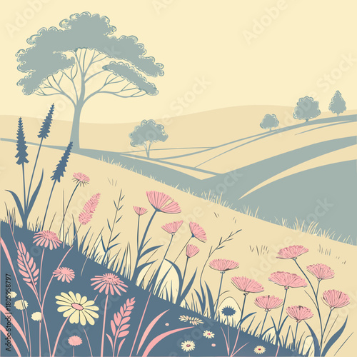 A serene landscape illustration featuring rolling hills, trees, and wildflowers in pastel shades of blue, pink, and yellow, creating a peaceful and idyllic scene