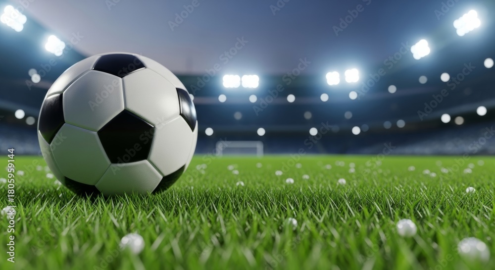 Fototapeta premium Soccer Ball on Stadium Field at Night