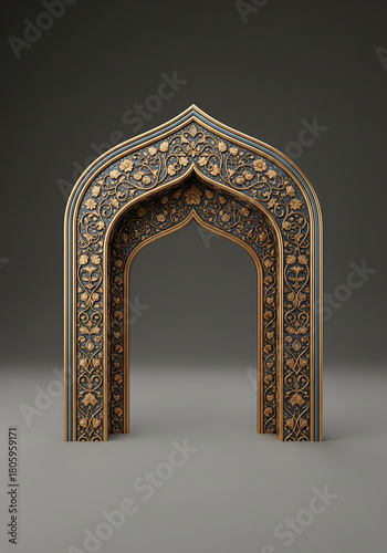 Ornate Gothic Archway with Gold and Blue Floral Carvings graphic design isolated on a transparent background