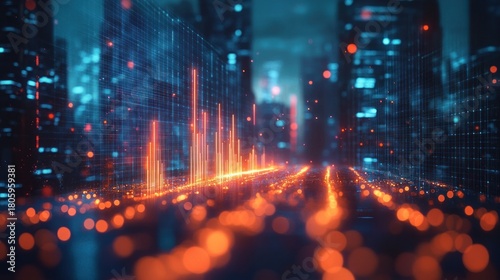 futuristic digital cityscape with glowing orange data streams, vertical light spikes, blue grid lines, bokeh particles and blurred high-rise silhouettes conveying energetic technological pulse