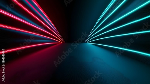 This striking image features converging lines of vibrant red and teal neon lights against a dark, textured background creating a futuristic, abstract design.