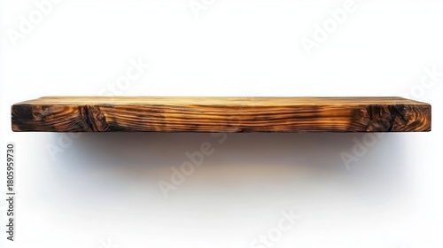 single floating wooden shelf with charred burnished grain mounted on a white wall casting a soft shadow, minimalist rustic modern vibe evoking calm warm simplicity