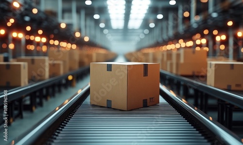 Single cardboard box on a metal conveyor belt in a large brightly lit automated warehouse, rows of packages and warm bokeh lights evoking efficiency and order