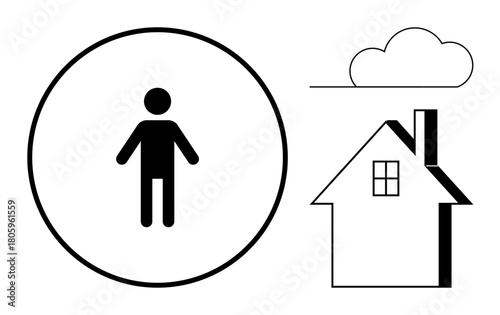 Human figure enclosed in a circle near a house and cloud. Ideal for personal space, home life, environment, sustainability, community, simplicity, balance. Simple flat metaphor
