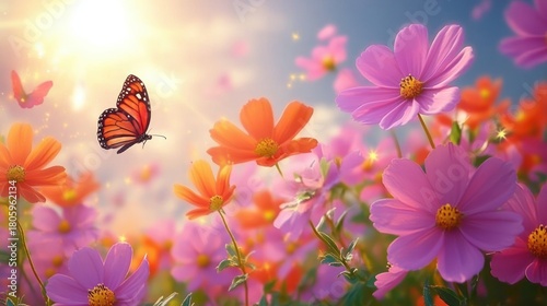 Fototapeta Naklejka Na Ścianę i Meble -  orange and black butterfly fluttering above vibrant pink and orange cosmos flowers in warm glowing sunlight, dreamy serene and magical meadow scene