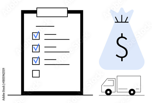 Checklist with marked tasks alongside a money bag symbol and delivery truck. Ideal for business planning, logistics, financial management, e-commerce, shipping, productivity, and supply chain