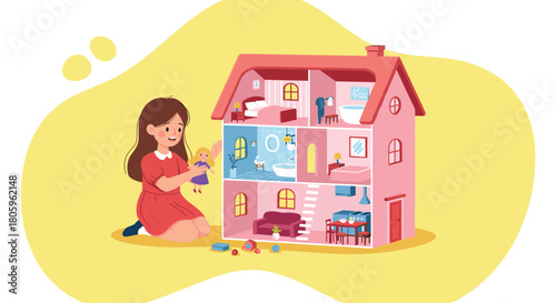 Adorable little girl playing with dollhouse, creating imaginative stories in a cozy home, perfect for promoting childhood joy and creative learning