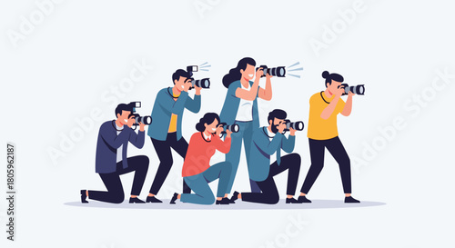 Dynamic group of paparazzi capturing celebrity moments with cameras, perfect for media, journalism, or entertainment industry visuals with a professional edge