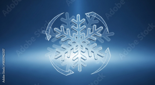 A stylized snowflake symbol with circular arrows, representing cooling, refrigeration, or winter themes, set against a gradient blue background